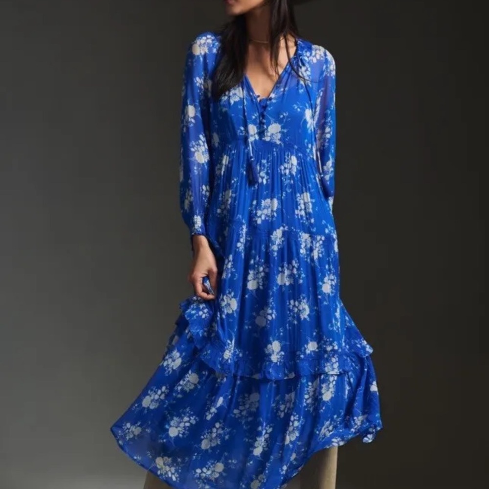 Anthropologie The Marais Printed Chiffon Maxi Dress Floral Blue Gray - Picture 4 of 7